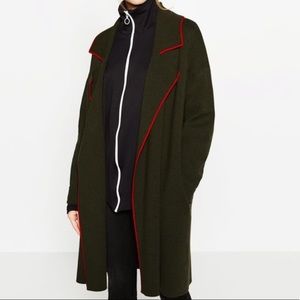 Zara Dark Green Lapel Coat with Red Piping | US M